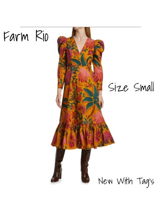 FARM Rio Dresses & Skirts - Farm Rio Midi Dress  Puff Long Sleeve Print Cotton Yellow  Small New With Tag